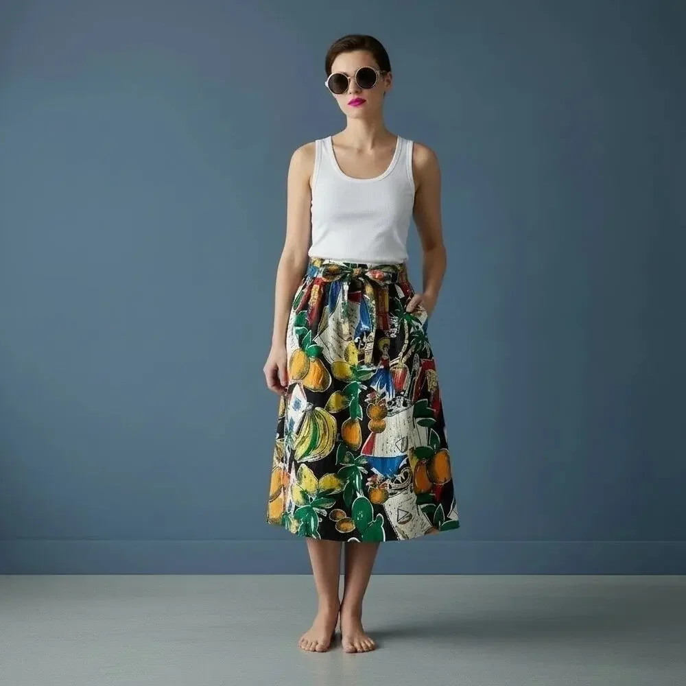 [J. Crew] Novelty Print Postcard Spain Fruit Button Front A-Line Midi Skirt Sz 0